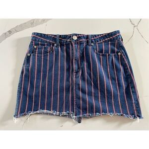 American Eagle Hi Rise Mini Blue White Red Stripe Jean Skirt Super Stretch Sz 12